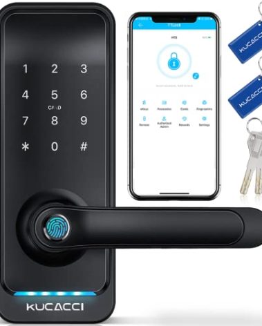 Smart Door Lock with Handle: Kucacci Keyless Entry Digital Door Lock for Front Door - Fingerprint Keypad Smart Dnob - Generate Passcode Remotely - App Control - Easy Installation(Black)