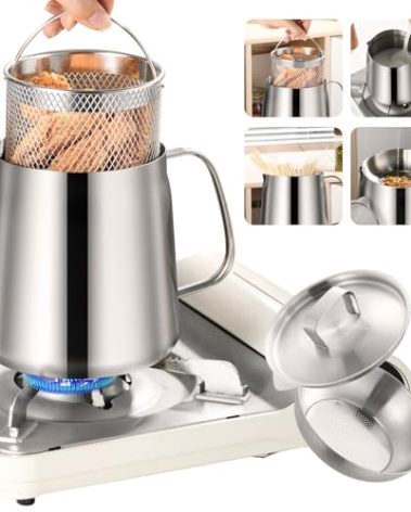68Oz/2L Oil Filter Pot 304 Stainless Steel Frying Pot with Basket Versatile Bacon Grease Container with Strainer 2-in-1 Deep Fryer & Oil Strainer for Kitchen Camping