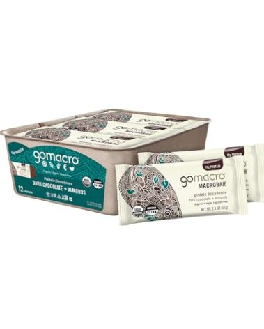 GoMacro MacroBar Organic Vegan Protein Bars - Dark Chocolate + Almonds (2.3 Ounce Bars, 12 Count)