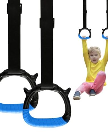 Tepemccu Gymnastics Rings for Kids, Pull Up Rings with Adjustable Straps for Children Home Gym Strength Training (Blue)