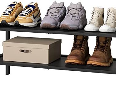 kiplant 2-Tier Black Bamboo Shoe Rack, Stackable Bamboo Wood Shoe Rack for Closet, Entryway & Hallway
