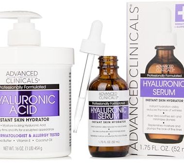 Advanced Clinicals Hyaluronic Acid Moisturizer Body Cream + Hyaluronic Acid Serum 2PC Skin Care Set | Face Serum & Body Lotion Help Diminish Appearance Of Wrinkles, Fine Lines, & Dry Skin, 2PC Bundle