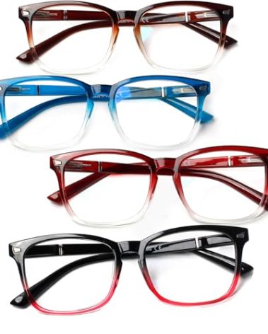 Henotin 4-Pack Blue Light Blocking Reading Glasses Women Men,Spring Hinge Computer Readers,Anti UV Ray Square Nerd Eyeglasses (Mixed Color-A, 2.00)