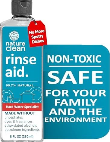 Nature Clean All Natural Dishwasher Rinse Aid Cleaner, Liquid Dishwasher Rinse Agent for Spot-Free Glass & Cutlery in Hard Water, Non Toxic Dish Washer Rinse Aid & Stain Remover, 8 oz/250ml, Pack of 1