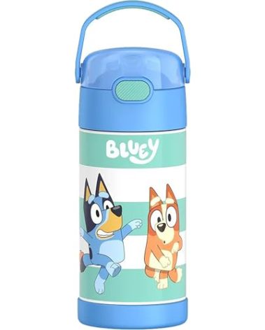 THERMOS FUNTAINER Water Bottle with Straw - 12 Ounce - Kids Stainless Steel Vacuum Insulated Water Bottle with Lid, Bluey