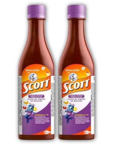 Yahve - Emulsion de Scott Aceite de hígado de bacalao sabor Frutas Tropicales Pack de 2 de 6.1 fl oz - 180 ml - Suplemento dietético para niños con vitamina A y Calcio -