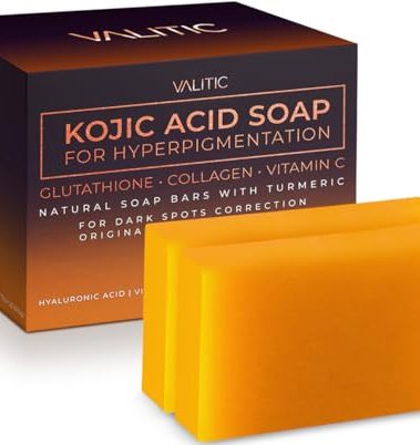 VALITIC Kojic Acid Soap for Hyperpigmentation - with Glutathione, Collagen & Vitamin C - Natural Soap Bars with Turmeric - Original Japanese Complex for Dark Spot Correction - 2 Pack