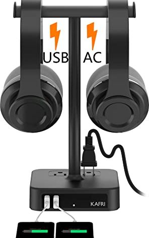 KAFRI Dual Headphone Stand with USB Charger Desk Gaming Double Headset Holder Hanger Rack with 2 USB Charging Port and 2 Outlet - Suitable for Gamer Desktop Table Game Earphone Accessories Gift