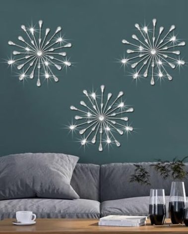 ZEXUIRU 3 Set Silver Metal Jeweled Wall Art Bling Crystal Home Décor Rhinestone Sun Star Wall Hanging Diamond Accents 13.5 * 13.5inch
