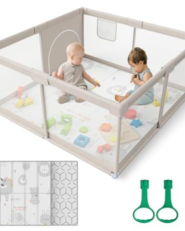 ZEEBABA Baby Playpen with Mat, 47x47inch Playpen for Babies and Toddlers, Small Baby Play Pens, Play Yard for Infants with 47" Play Mat, Playard with Gate