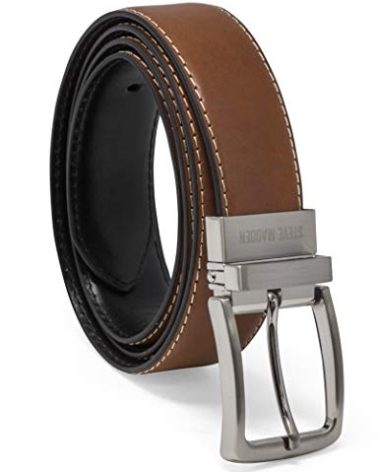 Steve Madden Reversible Men's Dress Casual Every Day Leather Belt, Cognac/Black (Feather Edge), 46