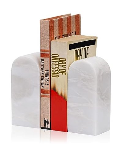 Koville African Natural Marble Bookends for Shelves, Decorative Book Ends, 7lbs Heavy-Duty Marble Book Holders, Bookshelf Apartment Decor for Normal Books/CD/Video Games(Bianco Fiora)