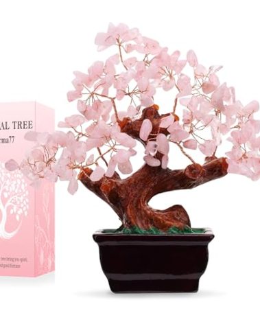 Parma77 Feng Shui Natural Rose Pink Quartz Crystal Money Tree, Healing Crystal Trees Bonsai Style Decoration for Wealth and Luck for Home Decor, Gifts for Women