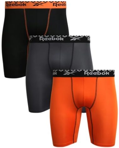 Reebok Men's Boxer Briefs - 3 Pack Performance Compression Underwear for Men - Soft Stretch Mens Long Leg Boxer Briefs (S-XL), Size Large, Blackened Pearl/Black/Burnt Orange