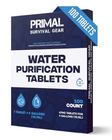 Water Purifier Tablets –Water Purification Tablets for Emergency Water - Hiking, Camping, Survival, Emergency – Drinking Water Filtration System Survival Tabs - Purificador De Agua - 100 Tablets - 4G