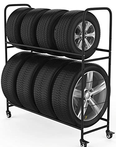 Rolling Tire Rack – Metal, Adjustable, Tire Stand & Protective Cover, Included 4 Adjustable Non Rolling Legs [Updated 48'' L with 4 Wheels Included]