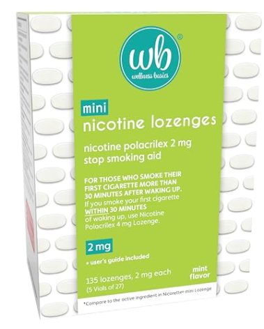 Wellness Basics Mini Nicotine Lozenge 2mg | Stop Smoking Aid | Mint Flavor | 135 Count | Pack of 5 Vials | Reduces Cravings & Withdrawal Symptoms