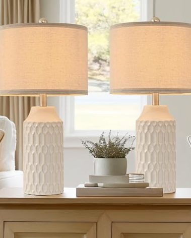 22IN Modern Ceramic Table Lamp Set of 2 White Lamps for Living Room Tall Bedroom Lamp Set Bedside Nightstand Lamps Set of Two Farmhouse Rustic Side Table Lamps for End Table Beige Desk Lamps