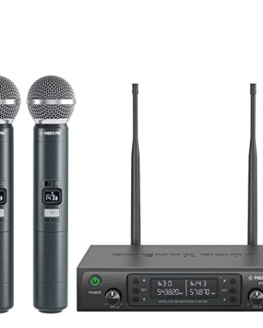Phenyx Pro Wireless Microphone System, Dual Wireless Mics,w/ 2 Handhelds, Auto Scan,2x100 UHF Frequencies,328ft Range,Dynamic Microphone for Singing, Karaoke, Church(PTU-71-2H)