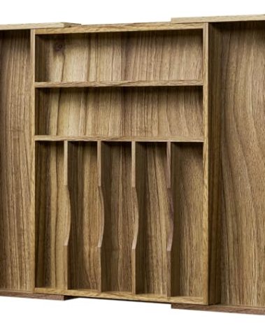 Kiasthome Acacia Wood Kitchen Silverware Drawer Organizer, Expandable Utensil Cutlery Drawer Organizer with Dividers, Flatware Organizer Silverware Tray for Spoon, Fork, 13''-20''x16.9'' (7-9 Slots)