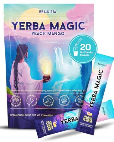 Brainista Yerba Magic Sticks Peach Mango - Yerba Mate Powder Single Serve Sticks - Instant Tea Powder On The Go - Nootropics, Prebiotics, Probiotics for Energy, Focus & Gut Health - Low Sugar, Natural Caffeine - 20 Servings