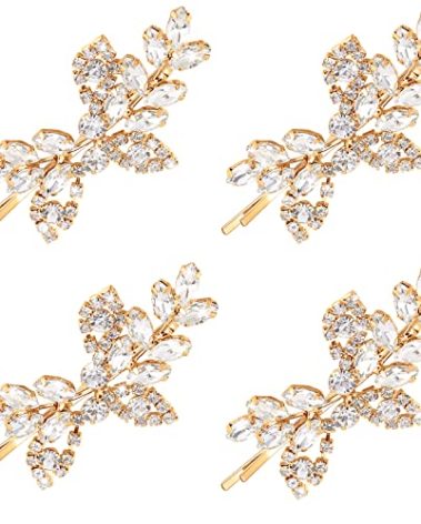 Waydress 4 Pcs Rhinestone Hair Clip Wedding Bridal Hair Barrette Decorative Leaf Crystal Side Hairpin Accessories for Women(Rhinestone Style,Gold)