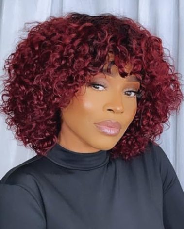 JOEDIR HAIR Red Short Curly Wig with Bangs Human Hair for Black Women Ombre Red 12 inch Water Wave Bob Wig 150% Density Glueless Wig (Color: TT1B/99J)