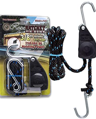 Rope Ratchet 3/8" Block and Tackle Pulley System, Adjustable Hoist for Lifting Gear, Outdoor Utility Rig for Elevating, Tensioning, Securing Equipment, 8' Braided Polypropylene Rope, 250 lb Capacity