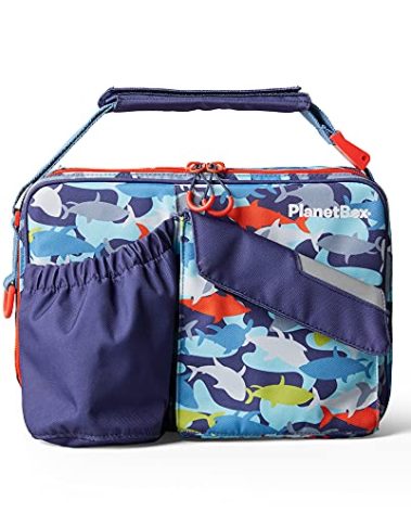 PlanetBox Insulated Lunch Bag Camo Shark Edition Carry Bag with Pockets for Water Bottle and Snacks, Durable, Easy to Clean, BPA Free