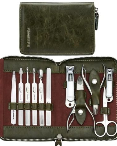 FAMILIFE Manicure Set, Professional Manicure Kit Nail Clippers Set 11 in 1 Stainless Steel Nail Pedicure Tools Kit Grooming Tool with Portable Green Leather Travel Case Luxury Gifts for Women and Men