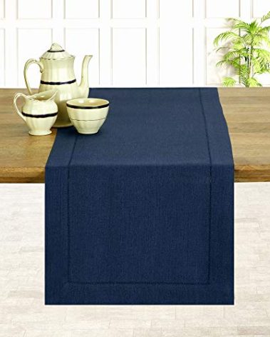D'Moksha Homes Linen Navy Blue Table Runner 108 Inches Long - 100% Pure Linen 14 x 108 Inch Table Runner for Fall, Autumn and Halloween - Classic Hemstitch