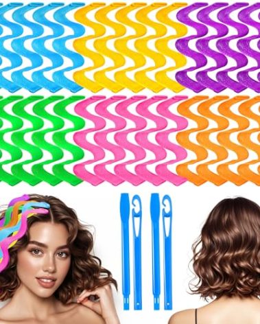30 Pcs Heatless Hair Curlers Wave Curls Styling Kit with 2 Pcs Styling Hooks, No Heat Hair Curlers Heatless Wave Curlers for Women Girls Short Hair (6 Colors, 25 cm/9.84 inch)