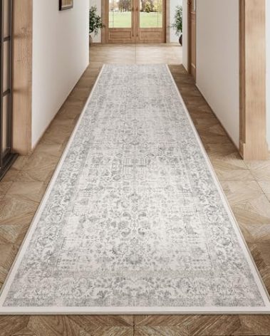 PureCozy Gray Runner Rug 3x12 Hallway Machine Washable Kitchen Vintage Distressed Non Slip Long Carpet Indoor Grey Retro Floral Bedroom Accent Throw Rug for Bathroom Office Laundry Dining Living Room