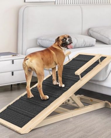 Dog Ramp for Couch, Bed or Car, Wooden 44" Long Pet Stairs for Small & Large Old Dogs & Cats, Hold up to 200lb, 5 Adjustable Height from 14.96" to 22", Portable Doggie Steps, Excellent Traction