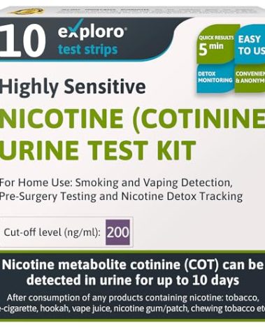 Exploro Nicotine Testing Kit at Home, Cotinine Urine Test, Highly Sensitive Nicotine Test Strips for Urine, Nicotine Test, Accurate Nicotene Test & Vape Test for Cut-Off Level 200 ng/ml (Pack of 10)
