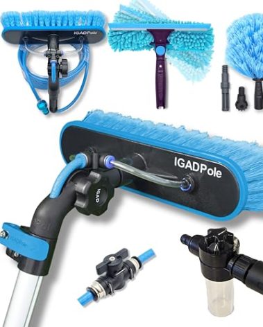 24ft IGADPole Washing Kit: Water-fed Brush, Cobweb Duster and 10” Squeegee and Soap Dispenser, with 6-Stage Telescoping Pole 5-24ft Pole