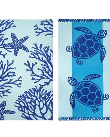 LANE LINEN Beach Towel 2 Pack, Oversized Beach Towel 39"x71", Lightweight Beach Essentials for Women, Large Pool Towel, Absorbent & Quick Dry, Sand Free Beach Towel - Turtle & Coral