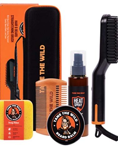 Tame the Wild Premium Beard Grooming Kit - Heated Beard Brush, Straightener Comb, Heat Protectant Spray, Beard Soap, Balm, Wooden Comb, and Storage Case