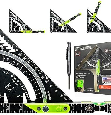 Britton Square 7''-Black/Green Aluminum Rafter Square -Rafter Square with Level, Innovative Framing & Carpentry Tools