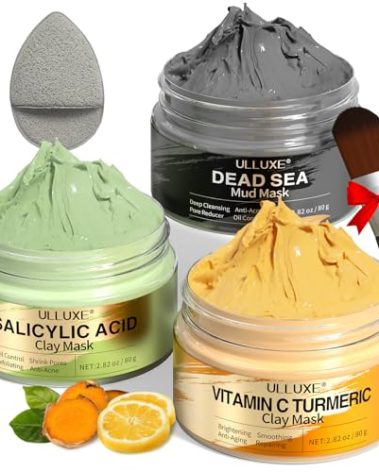 Facial Clay Mask Set - Vitamin C Face Mask with Turmeric, Dead Sea Mud & Salicylic Acid Mask for Pores Cleansing, Blackheads, Dark Spots, Brightening, Face Masks Skincare Gift for Women, 2.82 oz each