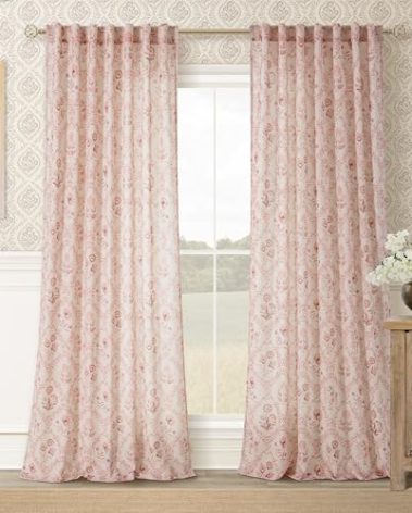 Pink Linen Floral 96 Inch Curtains 2 Panel Set for Living Room Semi Sheer Light Filtering Window Curtains Blush Flower Leaf Print Pattern on Cream White for Girls Bedroom Nursery Vintage Boho Drapes