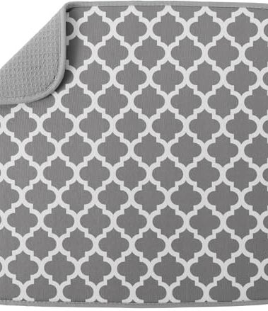 S&T INC. Dish Drying Mat, 16” x 18”, Absorbent Microfiber Kitchen Counter Mat, Dish Drying Pad for Dishes, Utensils, Pots and Pans, Large, White Trellis
