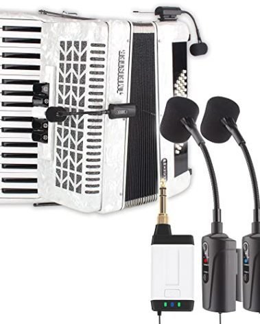 MAMKOES Accordion Wireless Microphone with 2 Transmitter Q2/AT-5A Piano Accordion Pickup with Gooseneck Mic Wireless Receiver & 2 Transmitter Microphone System Designed for Accordion