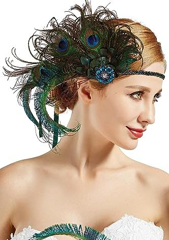 BABEYOND 1920s Flapper Peacock Feather Headband Roaring 20s Beaded Headpiece 1920s Great Gatsby Costume Hair Accessories(Blue & Green)