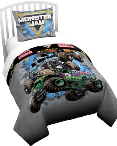 Jay Franco Duvet Cover Set – 2 Piece Comforter Cover and Sham Set, Super Soft Cozy Kids Bedding (Insert Not Included) Grey - Monster Jam, Twin
