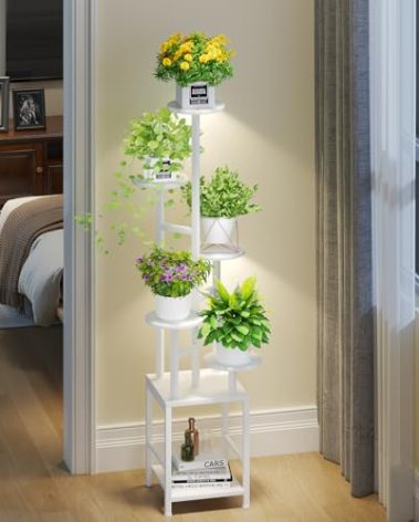 Plant Stand Indoor with Grow Light, 6-Tiered Tall Plant Stand Indoor, Metal Plant Shelf with Hanging Basket Hook and Adjustable Light, Ideal for Living Room, Garden, Round Patio white
