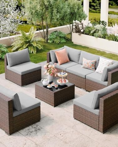 Qsun 7 Pieces Outdoor Patio Furniture Set, PE Rattan Outdoor Wicker Sectional Furniture Sofa Set, with Cushions and Glass Coffee Table, for Balcony, Porch, Garden, Grey