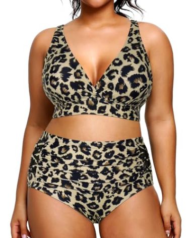 Yonique Womens Plus Size Bikini High Waisted Swimsuits Two Piece Bathing Suits Tummy Control Swimwear Leopard 18Plus