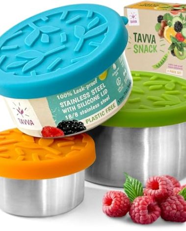 TAVVA Stainless Steel Lunch Containers for Kids [12oz/ 7oz/ 3oz] - BPA-Free Metal Lunchbox with Leakproof Silicone Lids - Lunch Box for Kids - Small Snack Food Containers with Lids - Dishwasher Safe