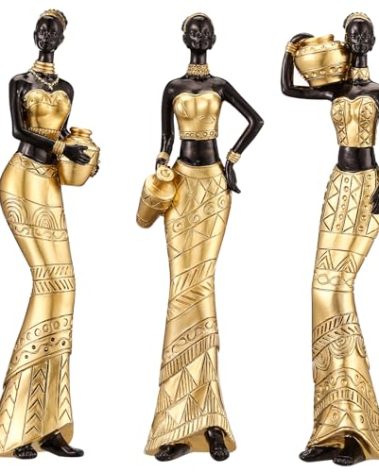 3 Pack African Art Sculptures- Vintage African Statues For Home Decor- Women's Tribal African American Figurines- Bookshelf, Office Decor- Deal For Birthday, Christmas, Thanksgiving, Mom Gifts-Gold